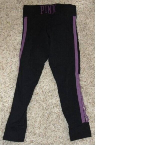 Womens Victorias Secret PINK Yoga Pants Medium Black Purple Crop Strappy Legs - Picture 5 of 6